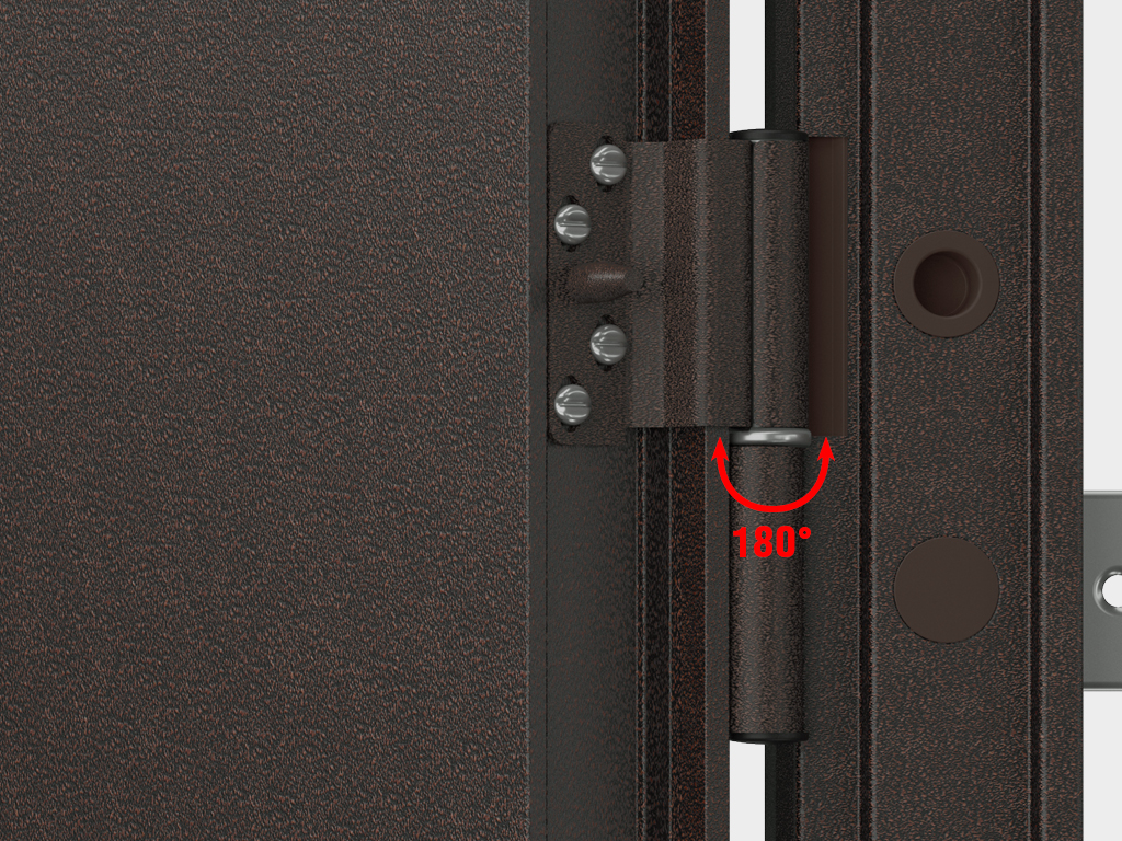 Регулируемые стальные петли из оцинкованной стали с противосъемными штырями защищают от снятия с петель и обеспечивают угол открытия двери более 180°.